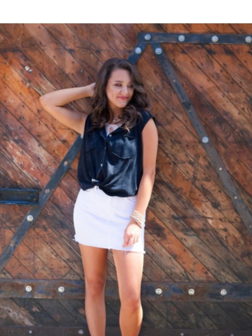 White Denim Mini Skirt with Frayed Hem - Picture 2 of 4